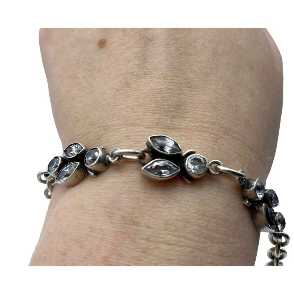 Sterling Silver White Clear Cz Flower Link Bracelet 7.5 Adjustable Classy